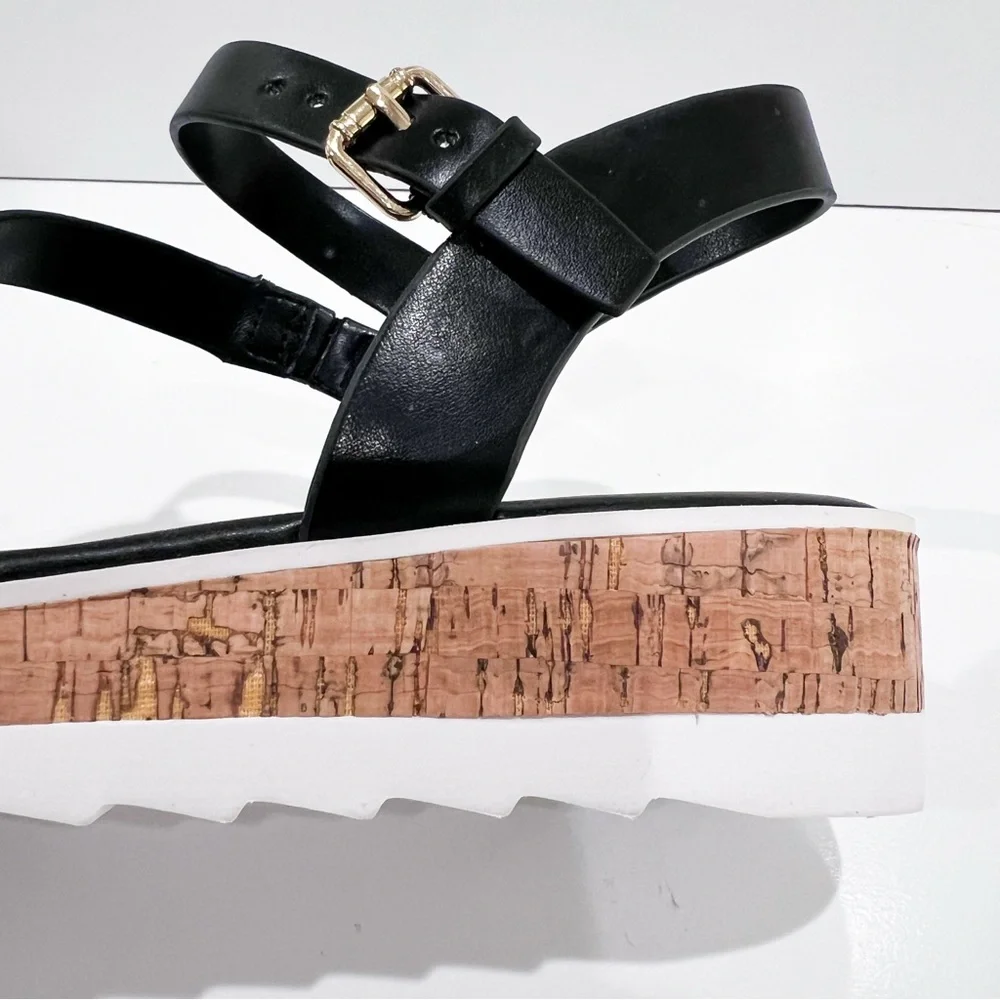 Marc Fisher Grandie Cork Platform Strappy Wedge Sandals Buckle Black 7.5 NEW - Picture 10 of 16